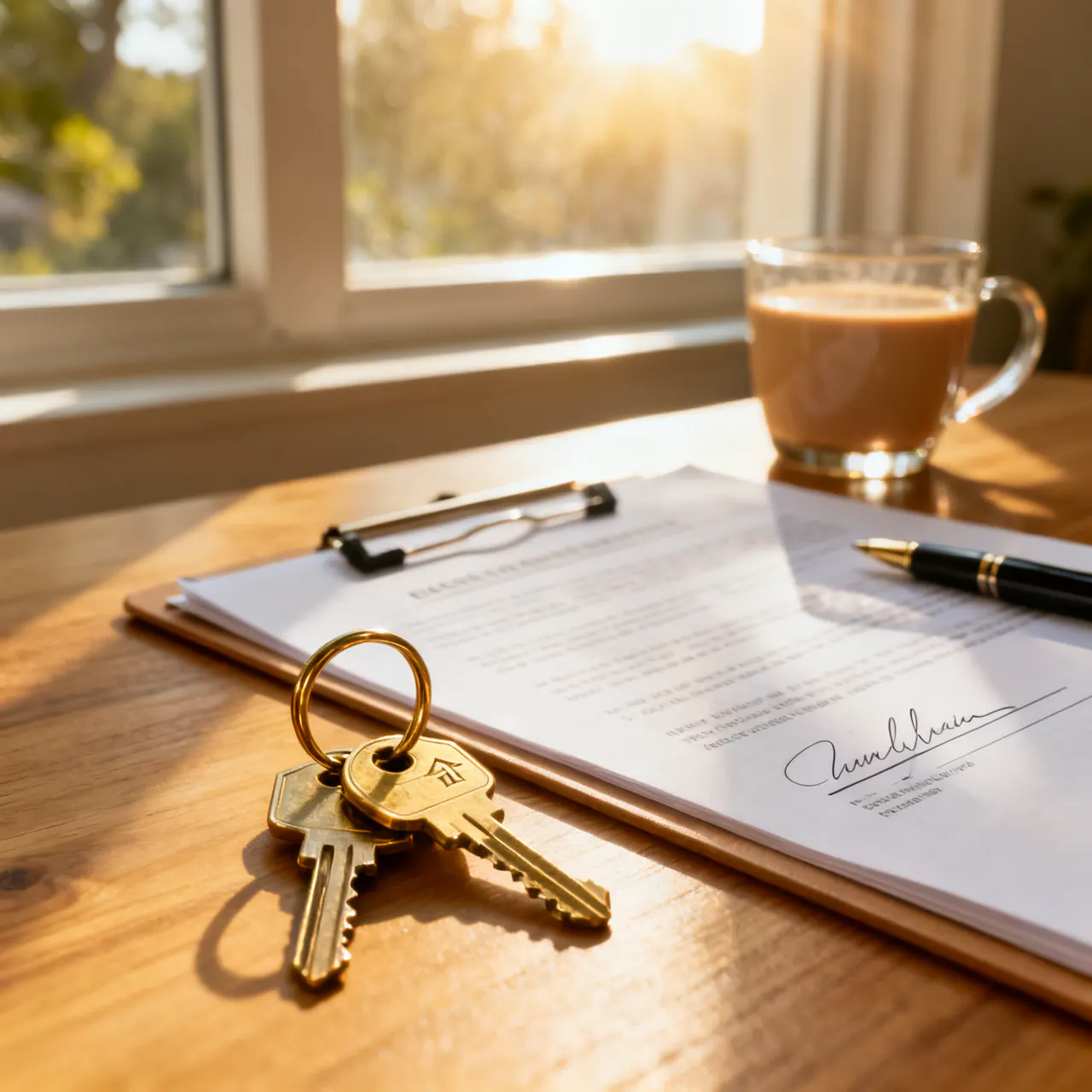 New house keys and a signed agreement on a desk in the sun