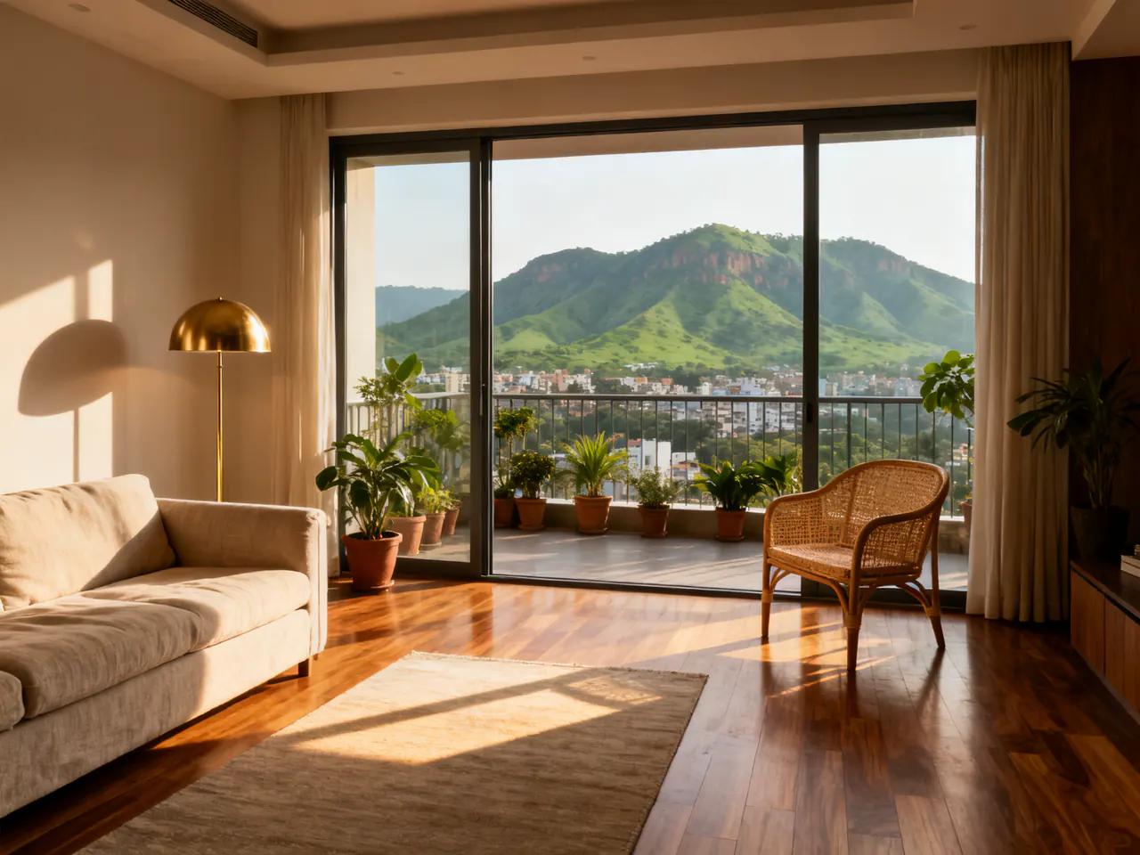 A bright apartment living room opening onto a balcony and green hills