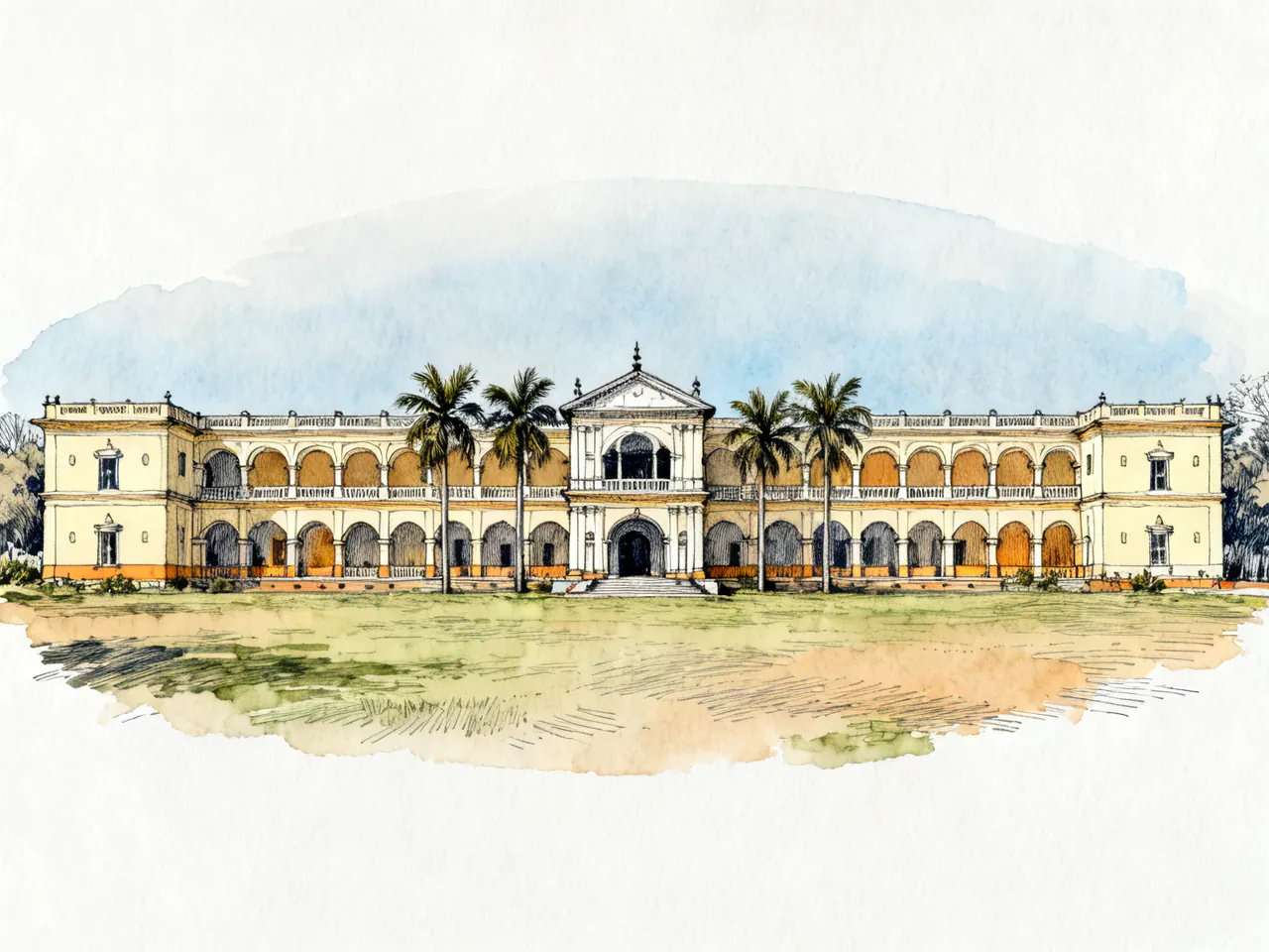 An ink and watercolour drawing of Aga Khan Palace