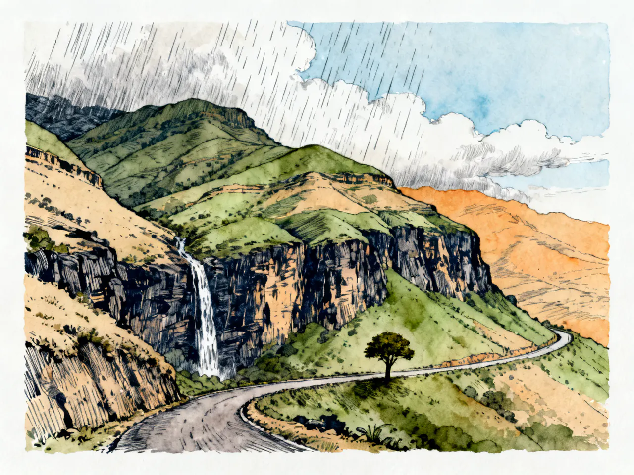 An ink and watercolour drawing of The Sahyadri