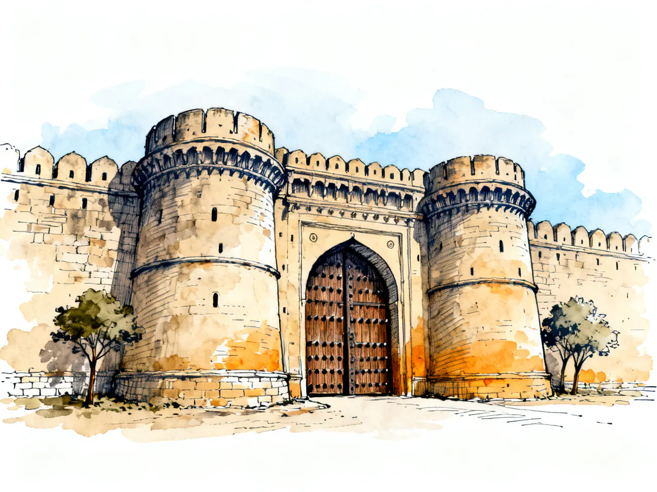 An ink and watercolour drawing of Shaniwar Wada's gate in Pune