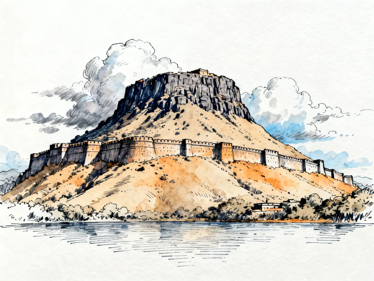 An ink and watercolour drawing of Sinhagad